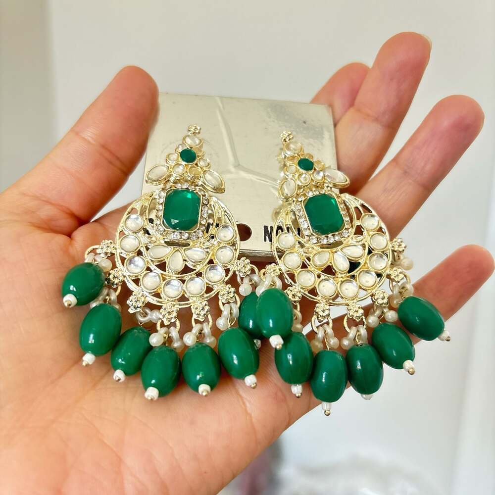 Traditional Indian Kundan Style Chandbali Earrings with Green Beads